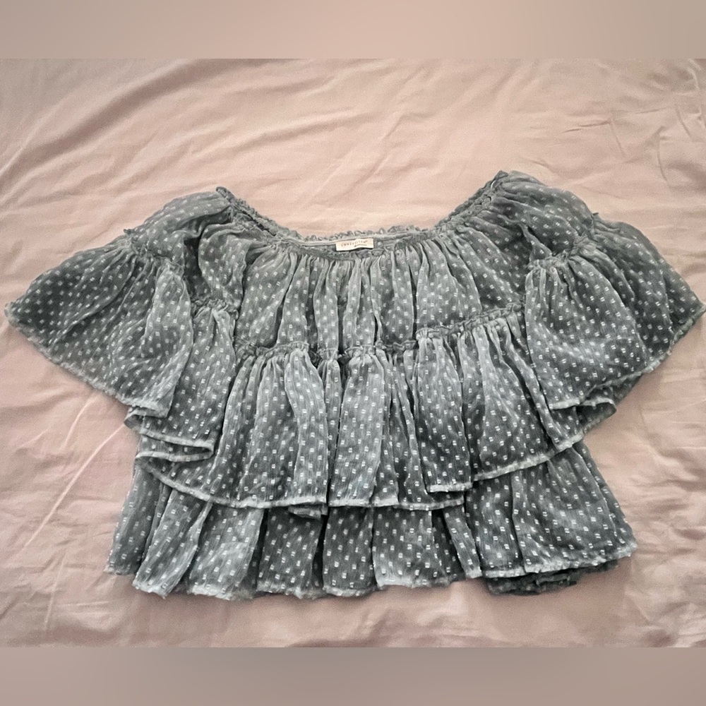 lovestitch Blue Swiss Dot Ruffle Off-Shoulder Tunic